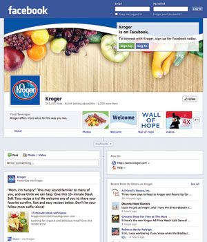 Kroger's Facebook page illustrates some of the new capabilities of the social media network’s revamped “Timeline” configuration for businesses.
