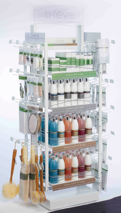 A customized fixture houses all 55 items in Topco Associates’ “B·leve” private-label beauty line.