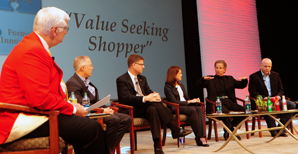 From left: Moderator Thom Blischok, and panelists Rich Niemann (Niemann's Foods), Grant LaMontage (Clorox), Eileen Thanner (Coke), Natan Tabak (Wakefern), and Tom Furphy (Consumer Equity Partners).