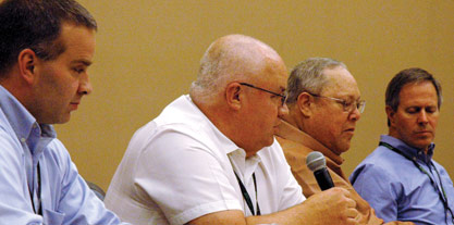 Harrison Horning, Hannaford Bros. (far right) spoke about his company’s refrigeration system at a roundtable that also included (from left to right) Brad Morris, Giant Eagle; Paul Burd, Weis Markets; and Steve Hagen, Sprouts.