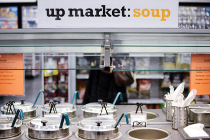 Duane Reade’s  “up market” location offers hot soups ready to eat.