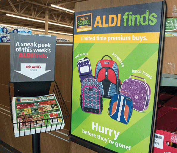 Sharp pricing on in-and-out items like bookbags marketed as “Aldi Finds” creates a treasure hunt atmosphere that encourages shoppers to come back, Aldi officials say.