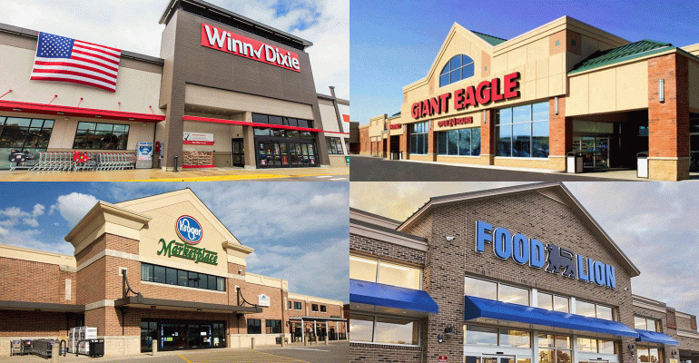 4 photos: A Winn-Dixie supermarket; a Giant Eagle supermarket; a Kroger Marketplace supermarket; and a Food Lion supermarket