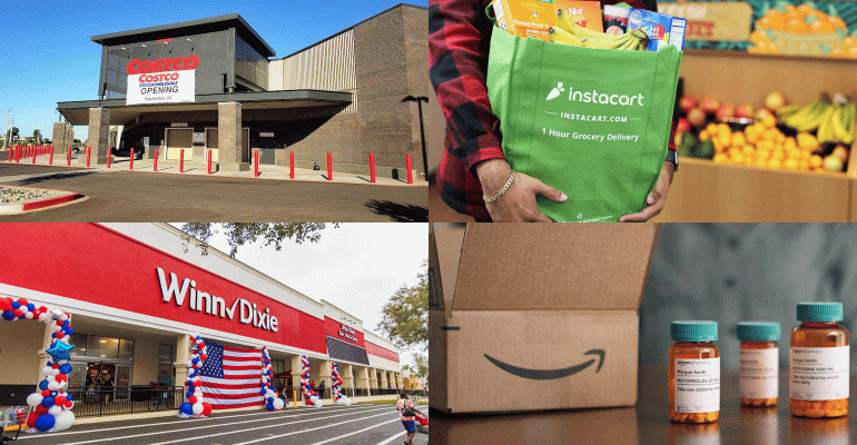 Clockwise from top left: A Costco store's grand opening; an Instacart personal shopper bag; an Amazon Pharmacy delivery; a Florida Winn-Dixie grand opening
