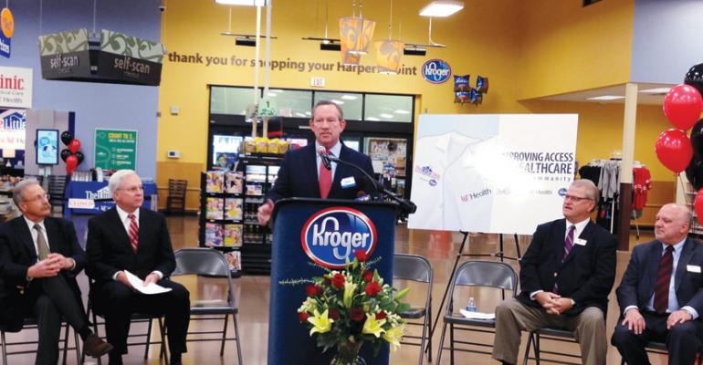 Scot Hendricks VP of Merchandising Kroger announces The Little Clinicrsquos affiliation with UC Health at the Harperrsquos Point clinic in Cincinnati