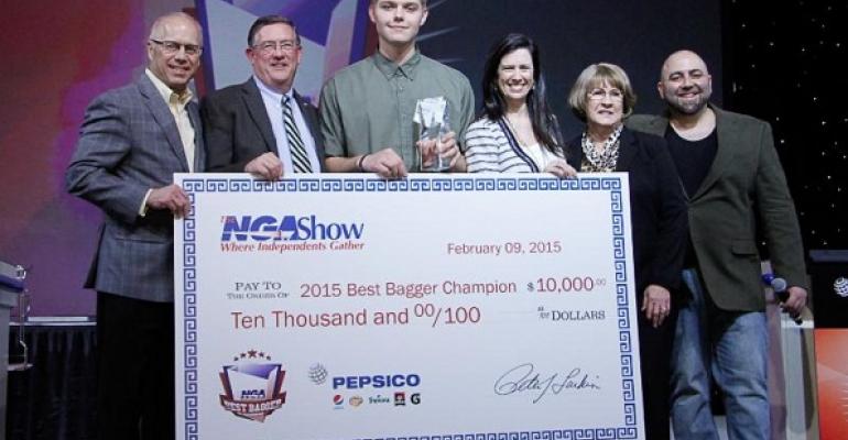 From left NGA chairman Rich Niemann Jr NGA CEO Peter Larkin 2015 Best Bagger Champion Daivd Tochinskiy Lisa Walsh of PepsiCo Jan Gee of the Washington Food Industry Association and emcee Duff Goldman