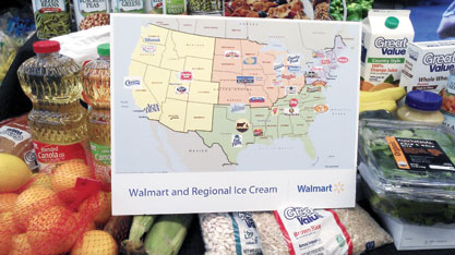 A U.S. map showing regional ice cream brands Wal-Mart offers in each market.
