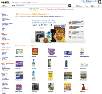 Discounted packaged foods, household goods and other products  are sold through Amazon’s subscription service.