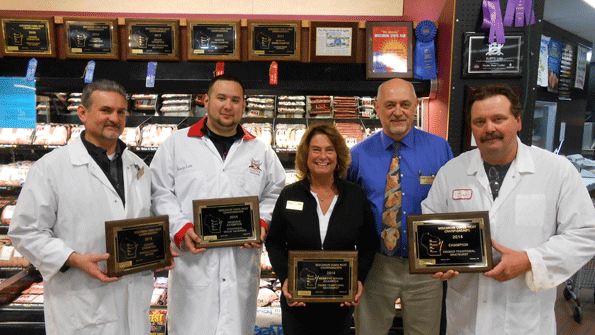 From left: Dave Dominguez, meat manager, Oconomowoc; Kurtis Lam, assistant sausage maker; owner Lori Fox; owner Pat Fox; and Dean Rindahl, head sausage maker.