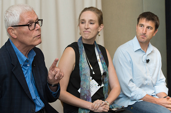 Bill Bishop of Brick Meets Click, Sarah Yates of Relay Foods and Chad Arnold of Door to Door Organics discuss e-retailing Wednesday during SNâ€™s summit at Expo East.