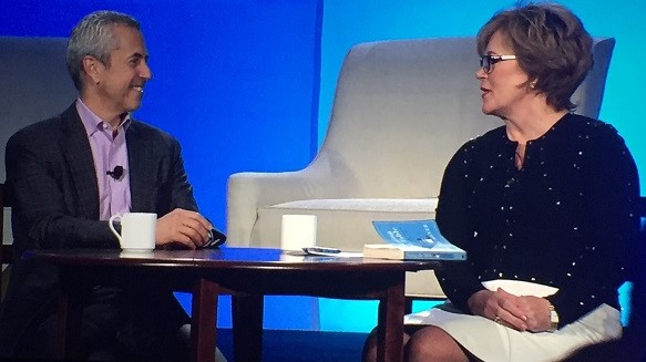 Shake Shack's Danny Meyer is interviewed by FMI CEO Leslie Sarasin at FMI Midwinter in Miami.